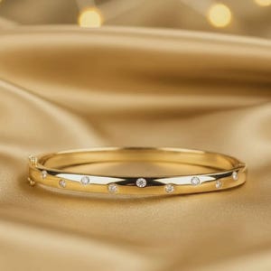 Handmade Moissanite Bangle Bracelet, 14K Gold Plated Sterling Silver, Elegant Dainty Jewelry