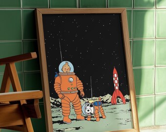 Tintin Moon Landing Poster | Adventures of Tintin Wall Art | Retro Comic Book Print | Snowy Astronaut Space Decor | Unframed Classic Art
