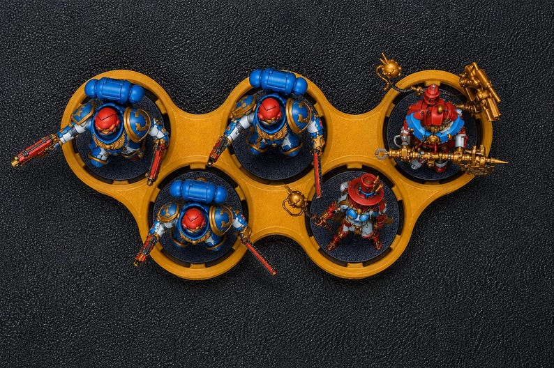 K&ouml;nnte beinhalten: Miniaturfiguren von Space Marines und einem Roboter sind auf einem gelben Tablett angeordnet. Die Space Marines tragen blaue und goldene R&uuml;stungen mit roten Helmen. Der Roboter ist rot und gold. Das Tablett steht auf einer schwarzen Oberfl&auml;che.