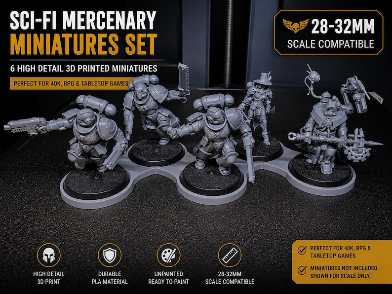 K&ouml;nnte beinhalten: Ein Set aus sechs unbemalten, 3D-gedruckten Sci-Fi-S&ouml;ldner-Miniaturen. Die Figuren sind f&uuml;r Tabletop-Spiele im Ma&szlig;stab 28-32 mm konzipiert. Der Text "SCI-FI MERCENARY MINIATURES SET" und "PERFECT FOR 40K, RPG & TABLETOP GAMES" ist enthalten.