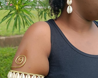 African Cowrie Shell Armlet and Earrings Set, Brass Adjustable Jewelry