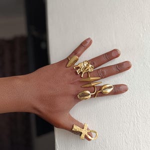 Puede incluir: Una mano que muestra varios anillos dorados. Los anillos presentan varios diseños, incluyendo un elefante, una concha de cauri, una espiga y un símbolo ankh. Los anillos se llevan en varios dedos.