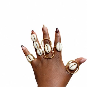 5 African Brass and cowrie Shells Adjustable Rings