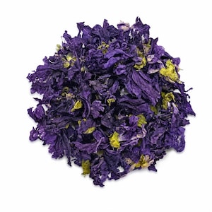 Può includere: Un mucchio di petali di fiori secchi, di colore viola scuro, con tocchi di giallo-verde. I petali hanno una forma irregolare e sembrano provenire da un fiore. L'immagine è su sfondo bianco.