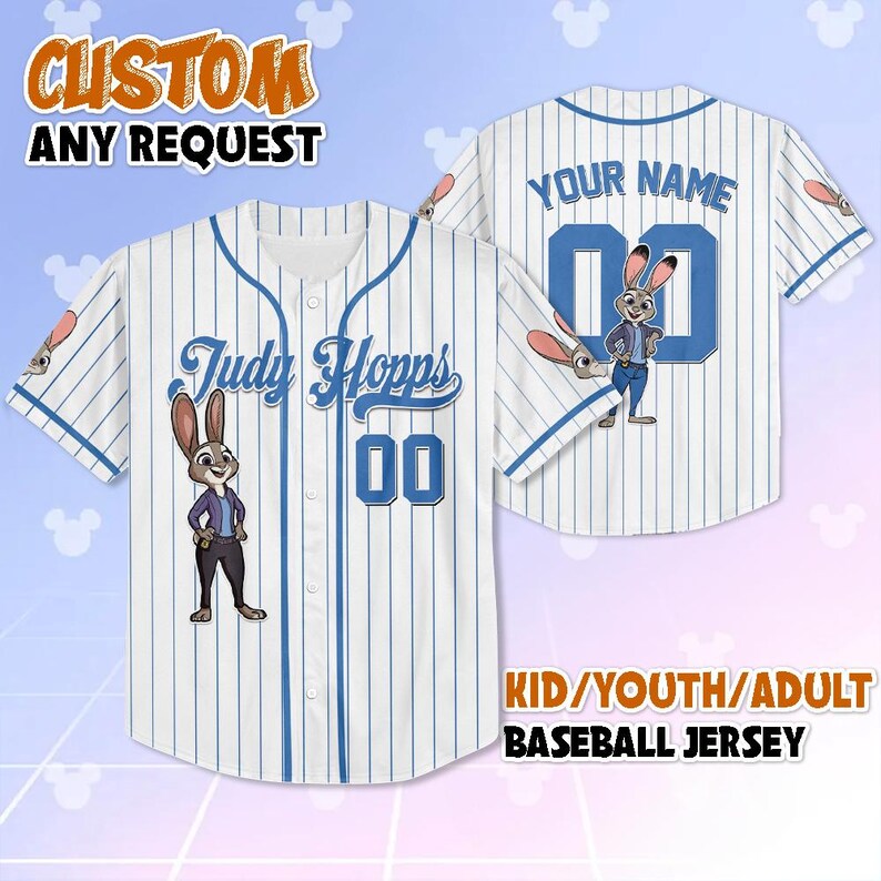 May include: White baseball jersey with blue pinstripes, featuring the text "Judy Hopps" and the number "00". The jersey also has a cartoon image of Judy Hopps. The back of the jersey has the text "YOUR NAME" and the number "00". The text "CUSTOM ANY REQUEST" is at the top.