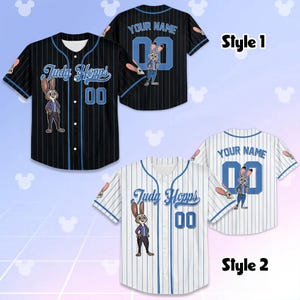 May include: Baseball jerseys in two styles, featuring a cartoon rabbit character. Style 1 is black with blue pinstripes, and Style 2 is white with blue pinstripes. Both jerseys have the text "Judy Hopps" and the number "00".