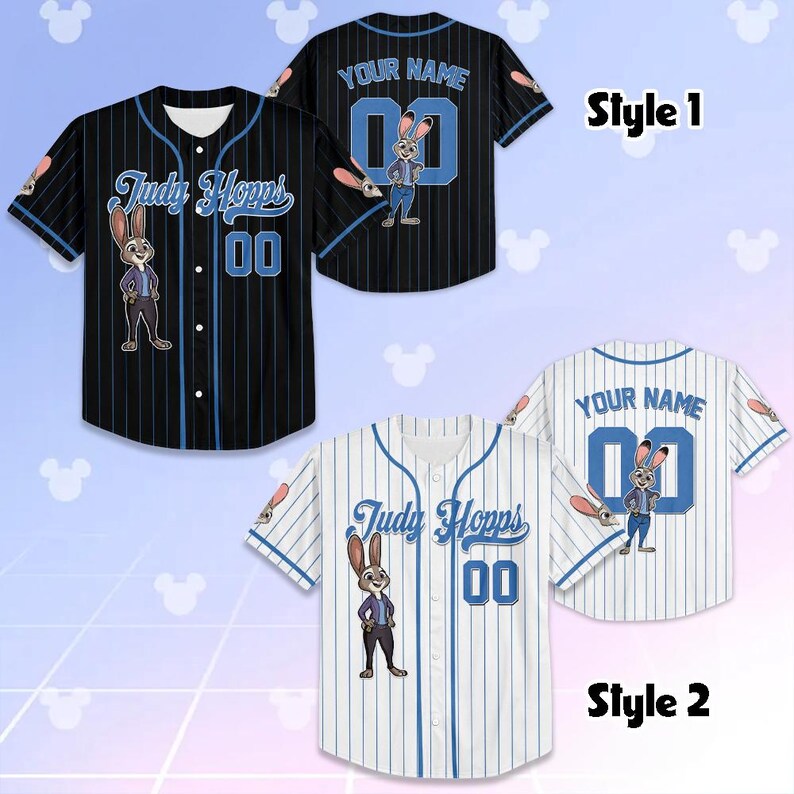 May include: Baseball jerseys in two styles, featuring a cartoon rabbit character. Style 1 is black with blue pinstripes, and Style 2 is white with blue pinstripes. Both jerseys have the text "Judy Hopps" and the number "00".