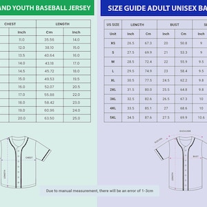 May include: Size guide for kids, youth, and adult unisex baseball jerseys. Charts display chest, length, bust, sleeve, and shoulder measurements in inches and centimeters. Includes jersey diagrams for reference.