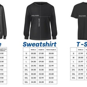 May include: Black clothing size chart for hoodies, sweatshirts, and t-shirts. The chart includes measurements for body width, length, and sleeve length in cm, ranging from size S to 5XL. The chart is designed to help customers find the right fit.
