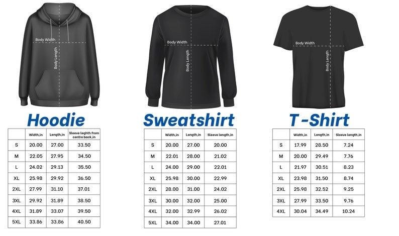 May include: Black clothing size chart for hoodies, sweatshirts, and t-shirts. The chart includes measurements for body width, length, and sleeve length in cm, ranging from size S to 5XL. The chart is designed to help customers find the right fit.