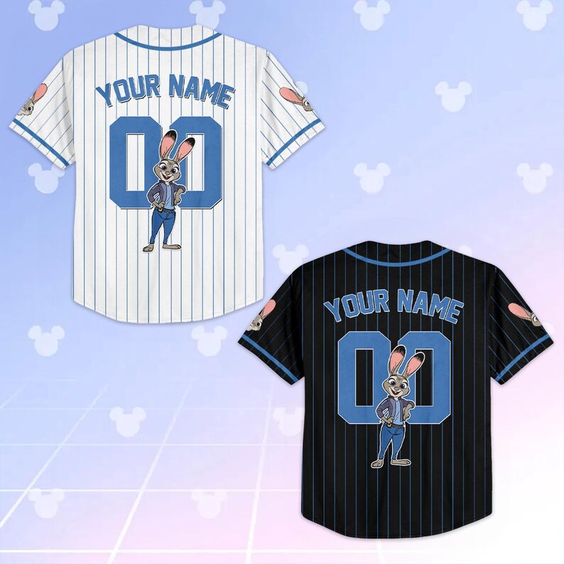May include: Two baseball jerseys, one white with blue pinstripes and one black with blue pinstripes. Both jerseys feature the text "YOUR NAME" above a blue number "00" and a cartoon rabbit character.