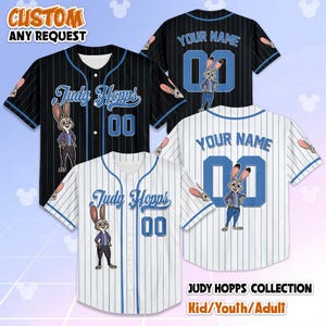 May include: Baseball jerseys with the text "Judy Hopps" and the number "00" in blue. One jersey is black with white pinstripes, and another is white with blue pinstripes. The jerseys also feature a cartoon image of Judy Hopps.