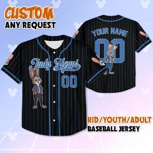 May include: Black baseball jersey with blue pinstripes, featuring the text "Judy Hopps" and the number "00" on the front. The back has "YOUR NAME" and the number "00". Includes a cartoon image of Judy Hopps. The text "CUSTOM ANY REQUEST" and "KID/YOUTH/ADULT BASEBALL JERSEY" are also visible.