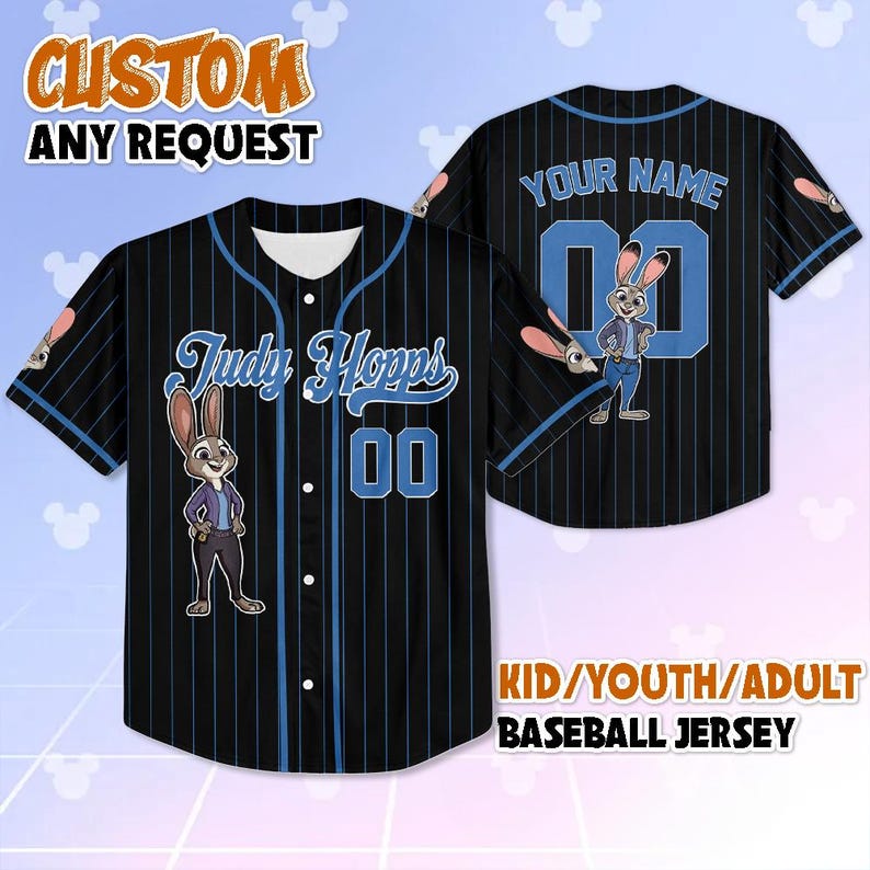 May include: Black baseball jersey with blue pinstripes, featuring the text "Judy Hopps" and the number "00" on the front. The back has "YOUR NAME" and the number "00". Includes a cartoon image of Judy Hopps. The text "CUSTOM ANY REQUEST" and "KID/YOUTH/ADULT BASEBALL JERSEY" are also visible.