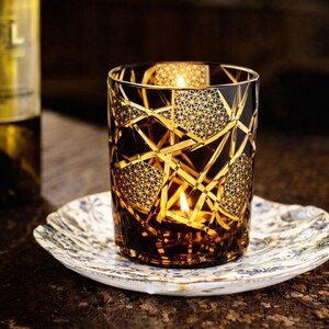May include: A lit candle inside a decorative glass votive with a geometric pattern. The votive sits on a white and blue patterned plate. The glass has a dark amber color.