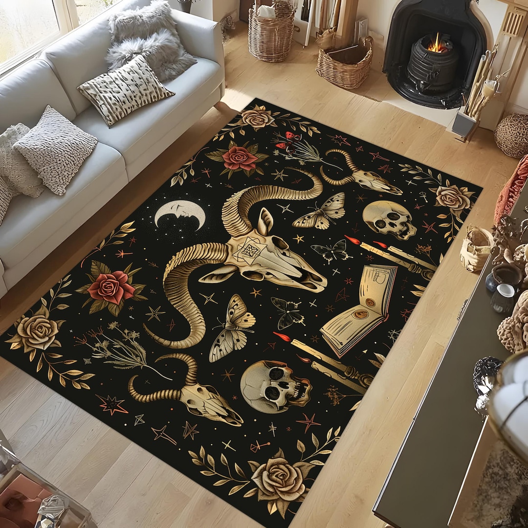 Occult Skull Ram Rug, Gothic Witchcraft Carpet, Dark Boho Mystical ...