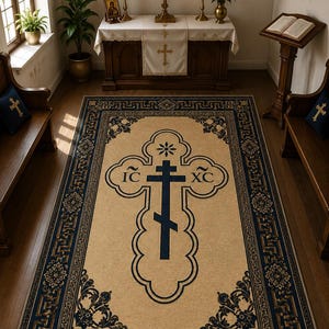 Könnte beinhalten: Ein rechteckiger Teppich mit beigefarbener Mitte, einem großen dunkelblauen orthodoxen Kreuz und den Buchstaben IC XC. Der Teppich hat einen breiten dunkelblauen Rand, der mit komplexen goldenen Blumenmustern und geometrischen Mäandern verziert ist.