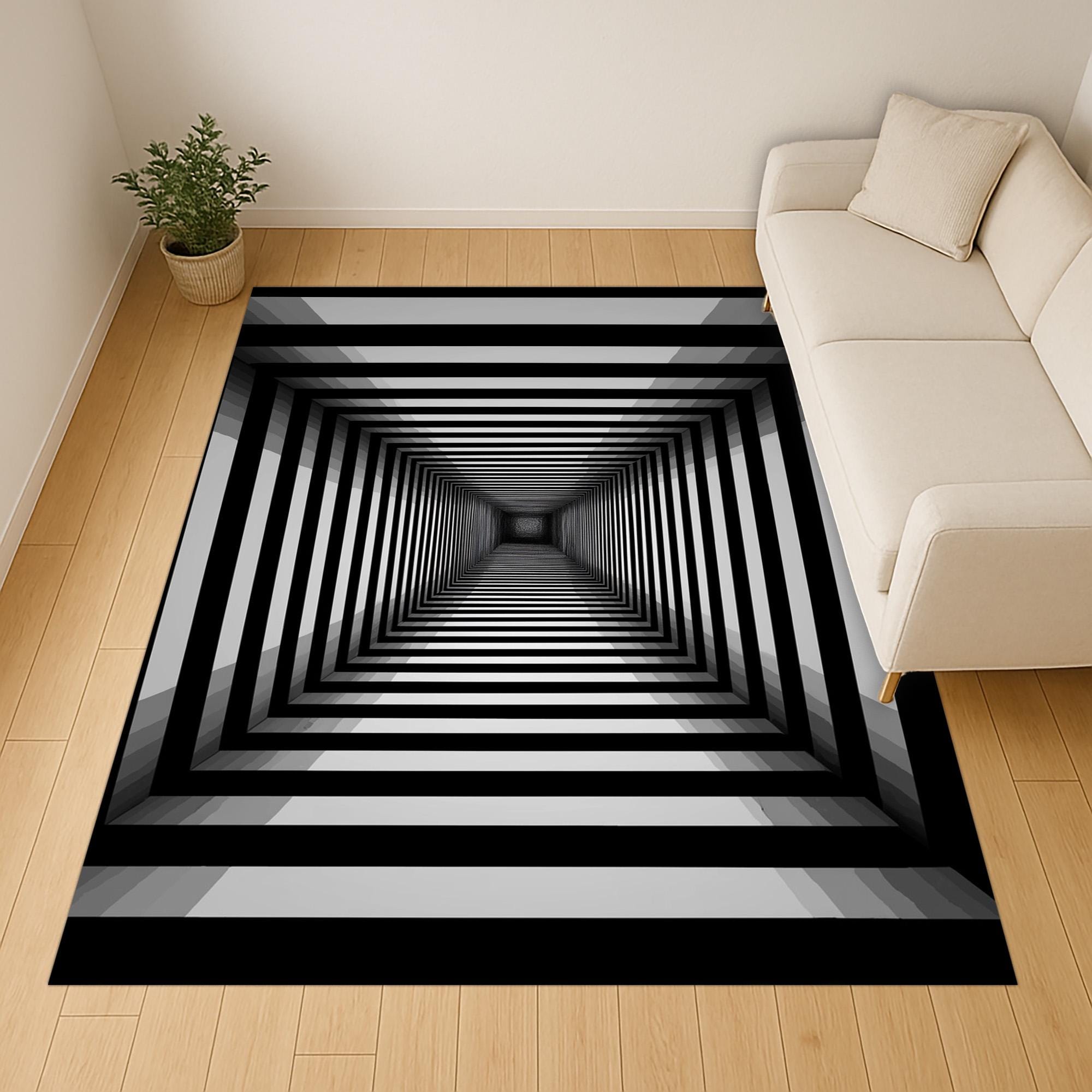 Three Dimension Design Rugs Optical Illusion Rug, Black White 3D Tunnel Carpet, Trippy Illusion ...