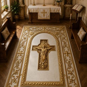Può includere: Un tappeto rettangolare con un centro color crema caratterizzato da un grande rilievo tridimensionale color oro di Gesù Cristo sulla croce. Il bordo è decorato con intricati filigrani dorati, motivi floreali e piccole croci.
