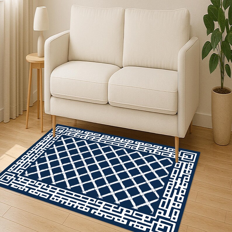 Blue Geometric Rug, Greek Key Border Carpet, Elegant Home Decor - Etsy