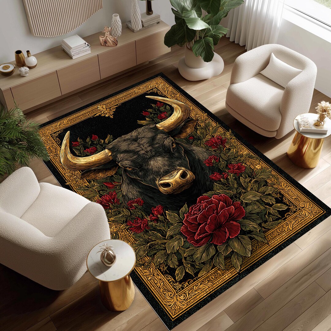 Black Bull Rug, Gothic Floral Area Carpet, Taurus Zodiac Decor - Etsy