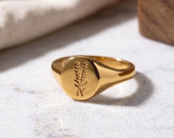 Anello con sigillo a forma di girasole in oro, anello con incisione floreale, anello in acciaio inossidabile placcato oro, gioiello botanico, regalo per donna