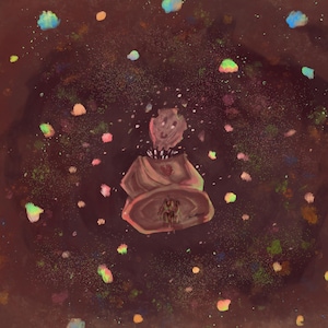 Puede incluir: Una ilustración digital que presenta una figura central marrón texturizada con una cara sonriente, rodeada por un campo marrón oscuro lleno de pequeñas manchas multicolores dispersas en tonos azul, verde, amarillo y rosa, que parecen partículas flotantes.