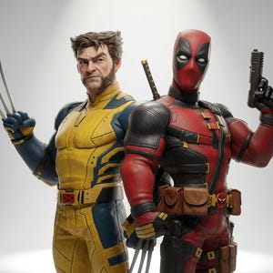 Puede incluir: Un conjunto de figuras coleccionables que muestra a Wolverine con un traje amarillo y azul con garras de metal extendidas, junto a Deadpool con un traje táctico rojo y negro, sosteniendo una pistola negra y garras de metal en la mano.