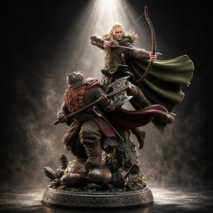 May include: A detailed collectible statue featuring a long-haired archer in a green cloak aiming a bow and arrow, positioned above a bearded warrior in armor holding a double-bladed axe. Both figures stand on a rocky base with debris.