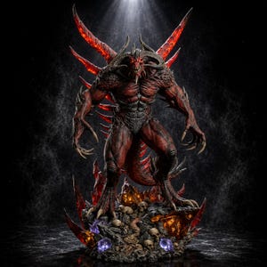 Może przedstawiać: Szczegółowa figurka muskularnego demona o czerwonej skórze z dużymi zakrzywionymi rogami, ostrymi pazurami i świecącymi czerwonymi oczami. Stwór stoi na skalistej podstawie usianej ludzkimi czaszkami i półprzezroczystymi fioletowymi kryształami.