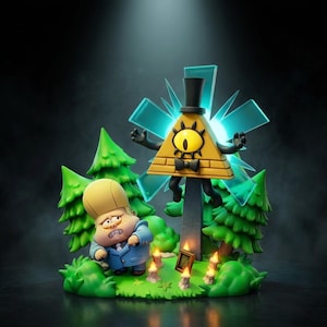 May include: A figurine set featuring a yellow triangular character with one eye, a black top hat, and a bow tie, hovering above a gray stone pillar. Beside it stands a small figure with blonde hair in a blue suit, surrounded by green trees and candles.