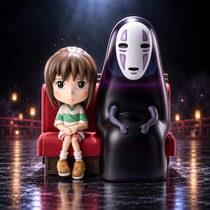 以下が含まれることがあります： 緑と白のシャツにピンクのショートパンツを履いた茶髪のキャラクターと、紫の模様が入った白い仮面をつけた背の高い黒いフード姿の人物が、赤いベンチシートに並んで座っているコレクター向けフィギュアセット。