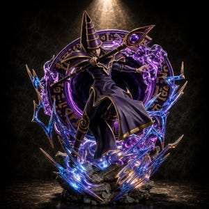 Peut inclure: Une figurine de Magicien Sombre portant une robe violette et un chapeau pointu, tenant un bâton avec un orbe violet. Le personnage se tient sur une base rocheuse entourée d'effets d'éclairs bleus translucides et d'un sceau magique violet.