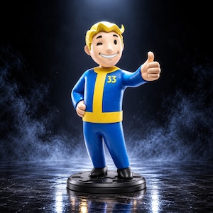 Puede incluir: Una figura de un personaje de dibujos animados con cabello rubio, vistiendo un mono azul con ribete amarillo y el número 33 en el pecho. El personaje guiña un ojo y hace un gesto de pulgar hacia arriba, sobre una base circular negra.
