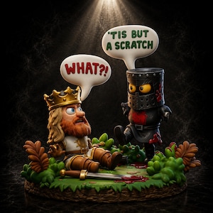 May include: A figurine set featuring a king with a gold crown and a black knight with a helmet. The knight has a speech bubble saying 'TIS BUT A SCRATCH' and the king has one saying 'WHAT?!'. Both figures are positioned on a green base with foliage.