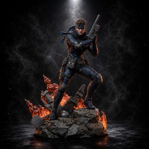 Könnte beinhalten: Eine detaillierte Figur eines taktischen Soldaten in einem dunkelblauen Anzug mit Bandana und Ausrüstung. Die Figur hält eine Handfeuerwaffe und steht auf einem felsigen Sockel, der von orangefarbenen Flammen und Trümmern umgeben ist.