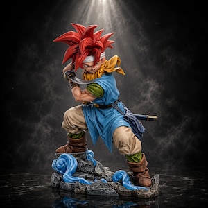 May include: A detailed figurine of a character with spiky red hair, wearing a blue tunic, green undershirt, and tan pants. The figure holds a curved sword, features a yellow scarf, and stands on a rocky base with blue swirling energy effects.