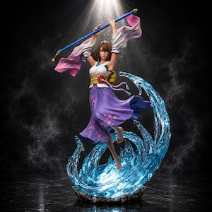 May include: A detailed figurine of a brown-haired character wearing a white top and a purple skirt with pink floral patterns. The figure holds a long blue staff above their head, with flowing white and pink sleeves, standing atop a translucent blue water splash.
