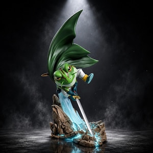 May include: A green frog figurine wearing a flowing green cape and white tunic, holding a silver sword pointed downward into a rocky base with blue energy effects. The frog has red markings on its face and is captured in a dynamic leaping pose.