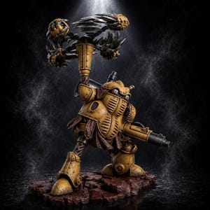 May include: A yellow armored robot figurine standing on a textured brown base. The robot features a rounded helmet, a chest plate with horizontal vents, and a dark brown skirt. It holds a large spinning blade weapon and a long barrel cannon.