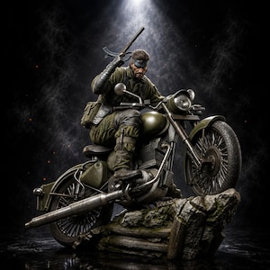 Puede incluir: Una figura coleccionable detallada de un soldado con equipo táctico verde oliva y pañuelo azul, montado en una motocicleta verde oliva de estilo vintage. La figura sostiene un rifle hacia arriba sobre una base rocosa oscura.