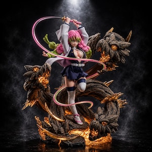 May include: A detailed anime-style figurine of a character with pink and green braided hair, wearing a white jacket and dark skirt, holding a long, thin, flexible pink sword. The figure stands amidst a dark, textured, dragon-like creature.