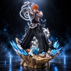 May include: A detailed anime character figurine featuring a figure with spiky orange hair, wearing a black and white outfit with red markings. The character holds a large blade, surrounded by swirling white energy, blue crystal shards, and a rocky base.