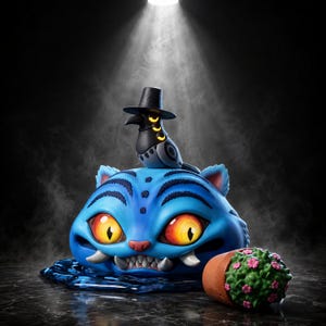 Puede incluir: Una figura de cabeza de gato azul con grandes ojos naranjas brillantes, dientes afilados y rayas azul oscuro. Un pájaro negro con sombrero de copa está sobre la cabeza del gato. Junto al gato hay una pequeña maceta de terracota con un cactus verde y flores rosas.