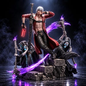 May include: A detailed figurine of a white-haired character in a red coat and black pants, holding a large sword and a red handgun. Two hooded skeletal figures with glowing blue skulls and purple flames flank the central character on stone steps.
