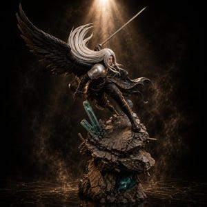 May include: A detailed figurine of a long-haired warrior with a single large black wing, wearing dark clothing and a silver shoulder pauldron. The figure holds a long sword and stands atop a jagged, rocky base with translucent blue crystals.