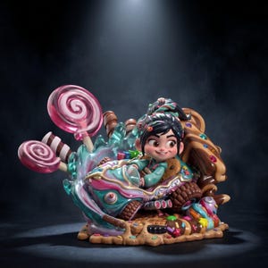 May include: A figurine of a character with dark hair in a ponytail, driving a teal and pink candy-themed race car. The scene includes large pink swirl lollipops, chocolate-colored accents, and colorful sprinkles on a textured base.