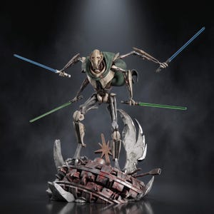 May include: A General Grievous action figure standing on a debris-filled base. The figure has four arms, each holding a lightsaber: two with blue blades and two with green blades. It wears a dark green cape and features a metallic, skeletal design.