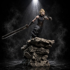 May include: A detailed figurine of a spiky-haired character wearing a dark sleeveless top, brown leather harness, and loose trousers. The figure stands on a rocky base, holding a large, long, metallic sword in one hand and wearing a spiked shoulder guard.