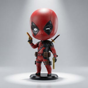Op de afbeelding: Een gestileerd Deadpool-figuurtje met een groot hoofd, rood en zwart pak en een bruine riem. Het personage houdt twee goudkleurige pistolen in de handen en een zwart zwaardheft is zichtbaar achter de schouder, staand op een zwarte voet.